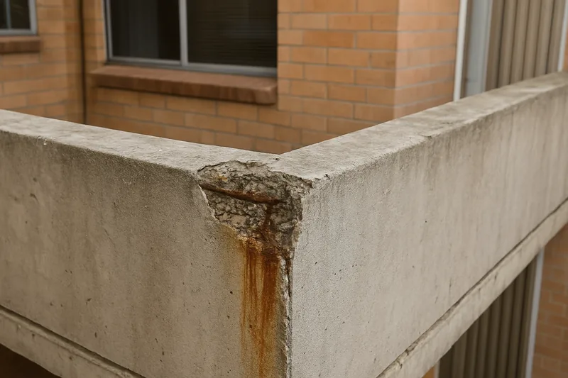 The edge of a stairwell landing in a low-rise apartment building with a spalled section and rust staining — concrete cancer in apartment buildings, Newcastle. Illustrative example.