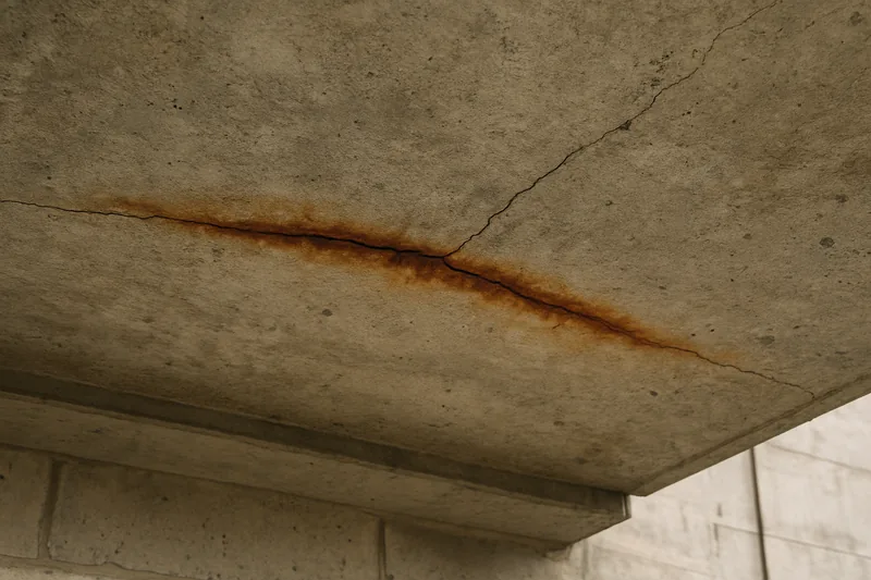 A concrete slab underside with a hairline crack and a rust stain along it — concrete cancer repair, Newcastle. Illustrative example.