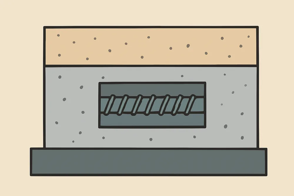 A flat illustration of a concrete block with a recess cut to show a steel bar — concrete cancer in apartment buildings, Newcastle. Illustrative example.