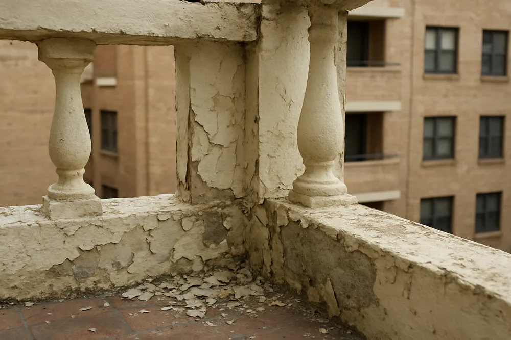 Flaking concrete at the base of a balcony balustrade upstand with a bar showing — balcony concrete cancer, Newcastle. Illustrative example.