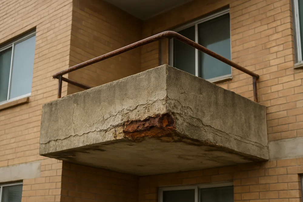 The corner of an older apartment balcony slab with a rust-stained broken corner and a bare bar — balcony concrete cancer, Newcastle. Illustrative example.