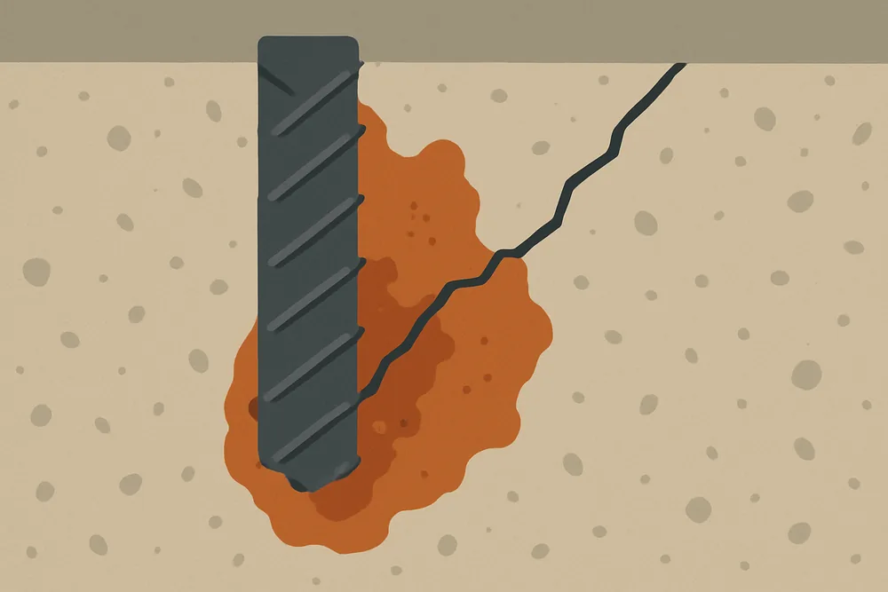A flat illustration of a concrete section where a rusting bar swells and cracks the cover concrete — concrete cancer repair, Newcastle. Illustrative example.