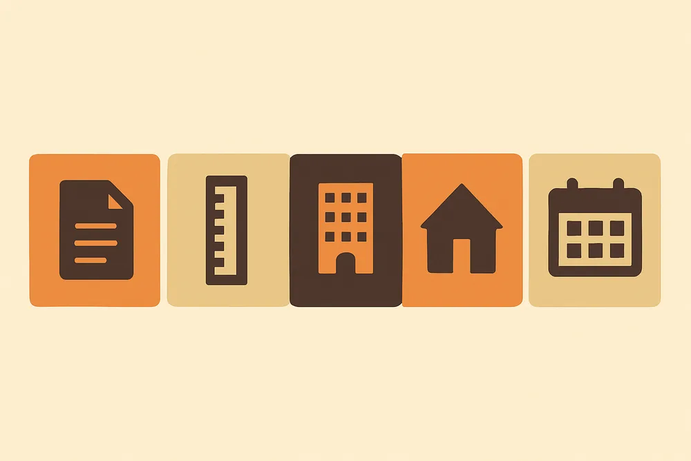 A flat illustration of five tiles in a row, each with one plain shape — concrete cancer repair, Newcastle. Illustrative example.
