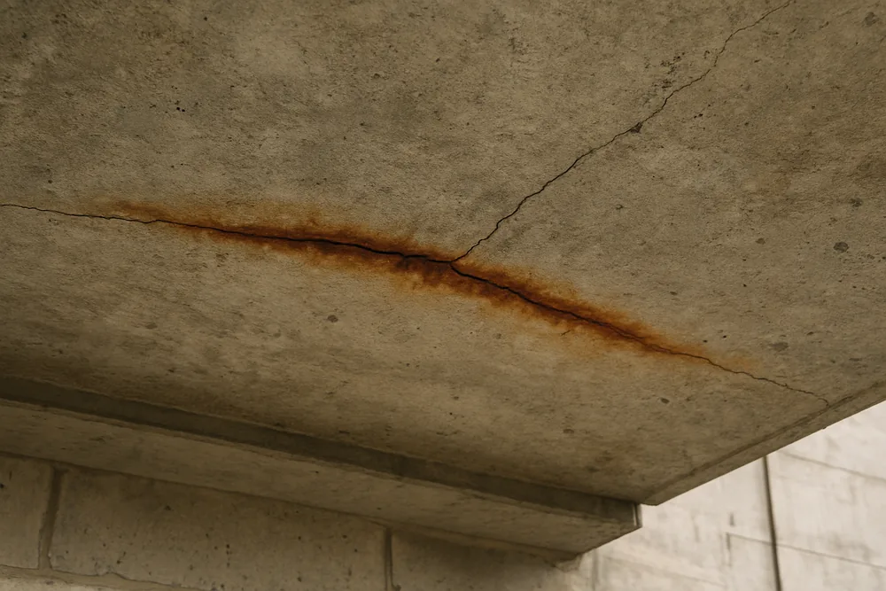A concrete slab underside with a hairline crack and a rust stain along it — concrete cancer repair, Newcastle. Illustrative example.