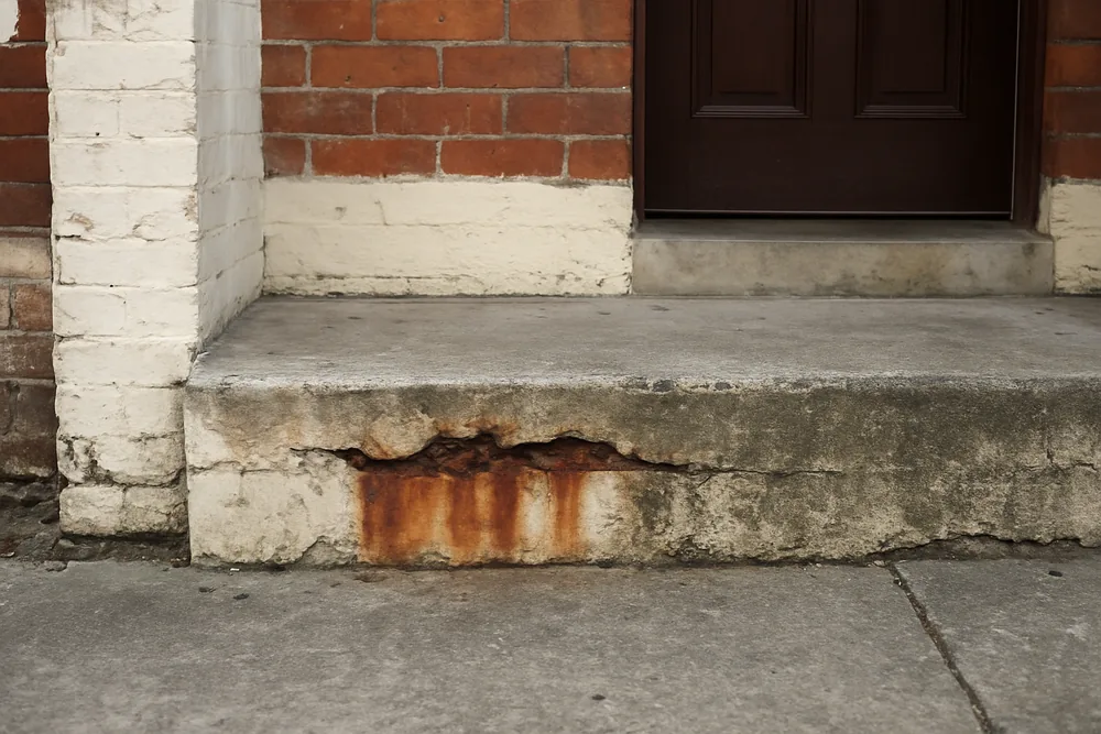 A concrete front step at an older brick terrace with a spalled edge and rust staining — concrete cancer repair, Newcastle. Illustrative example.