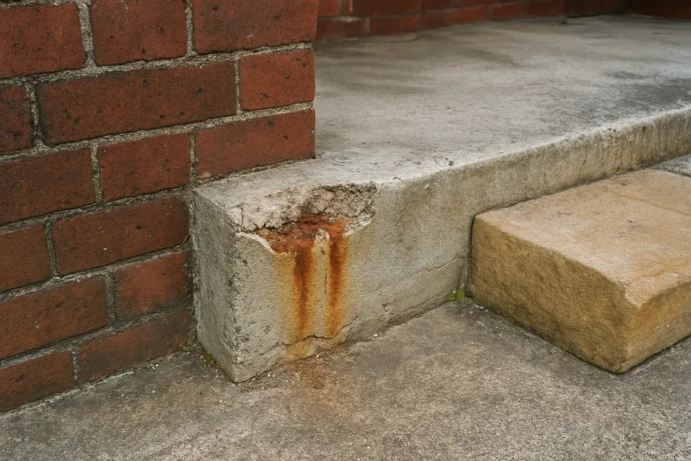 The concrete edge of an older brick terrace verandah slab with a spalled patch and rust stain — concrete repair in older buildings, Newcastle. Illustrative example.