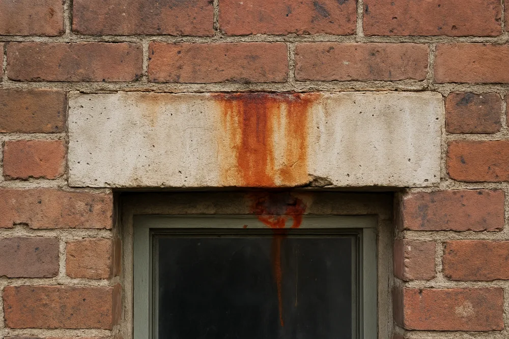 Rust bleed and a small spall below a concrete lintel in older masonry — concrete repair in older buildings, Newcastle. Illustrative example.