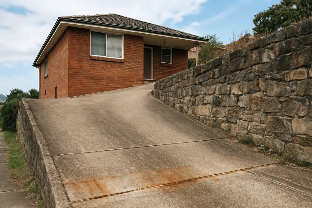 A steep concrete driveway beside a stone retaining wall with a rust stain across the slab — concrete cancer repair, Newcastle. Illustrative example.