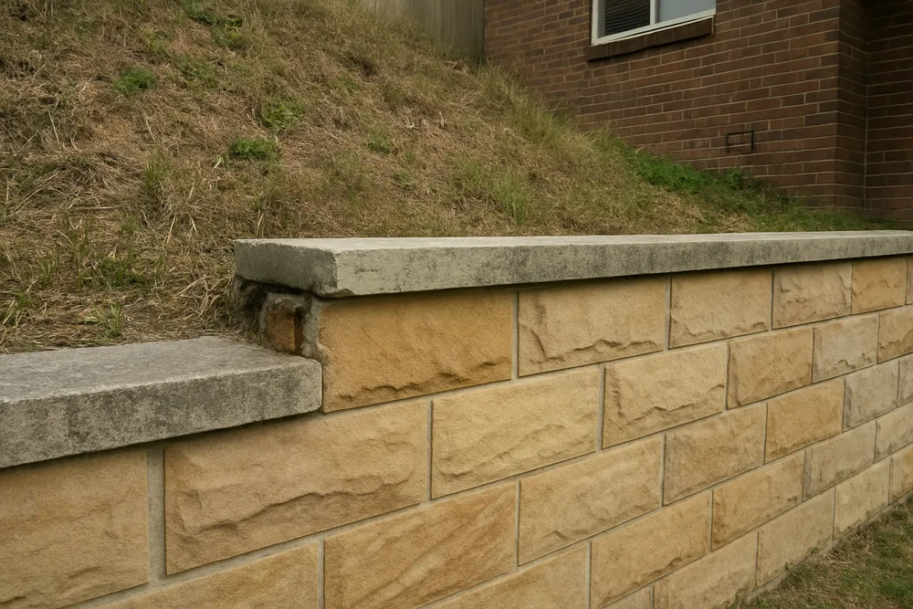 A retaining wall of sandstone blocks with a concrete cap on a grassed slope — concrete cancer repair, Newcastle. Illustrative example.
