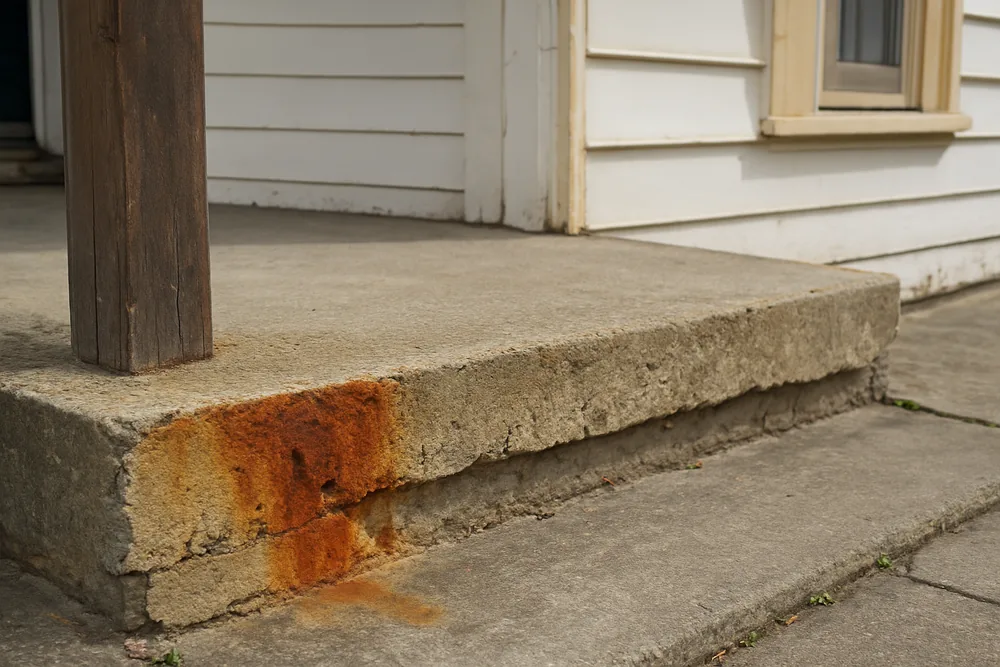 A concrete verandah slab edge on a weatherboard cottage with rust bleed and a small spall — concrete cancer repair, Newcastle. Illustrative example.